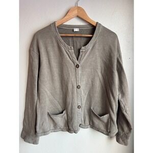POETRY Women's Sage Green Washed Cotton Hemp Button Front Cardigan Sweatshirt